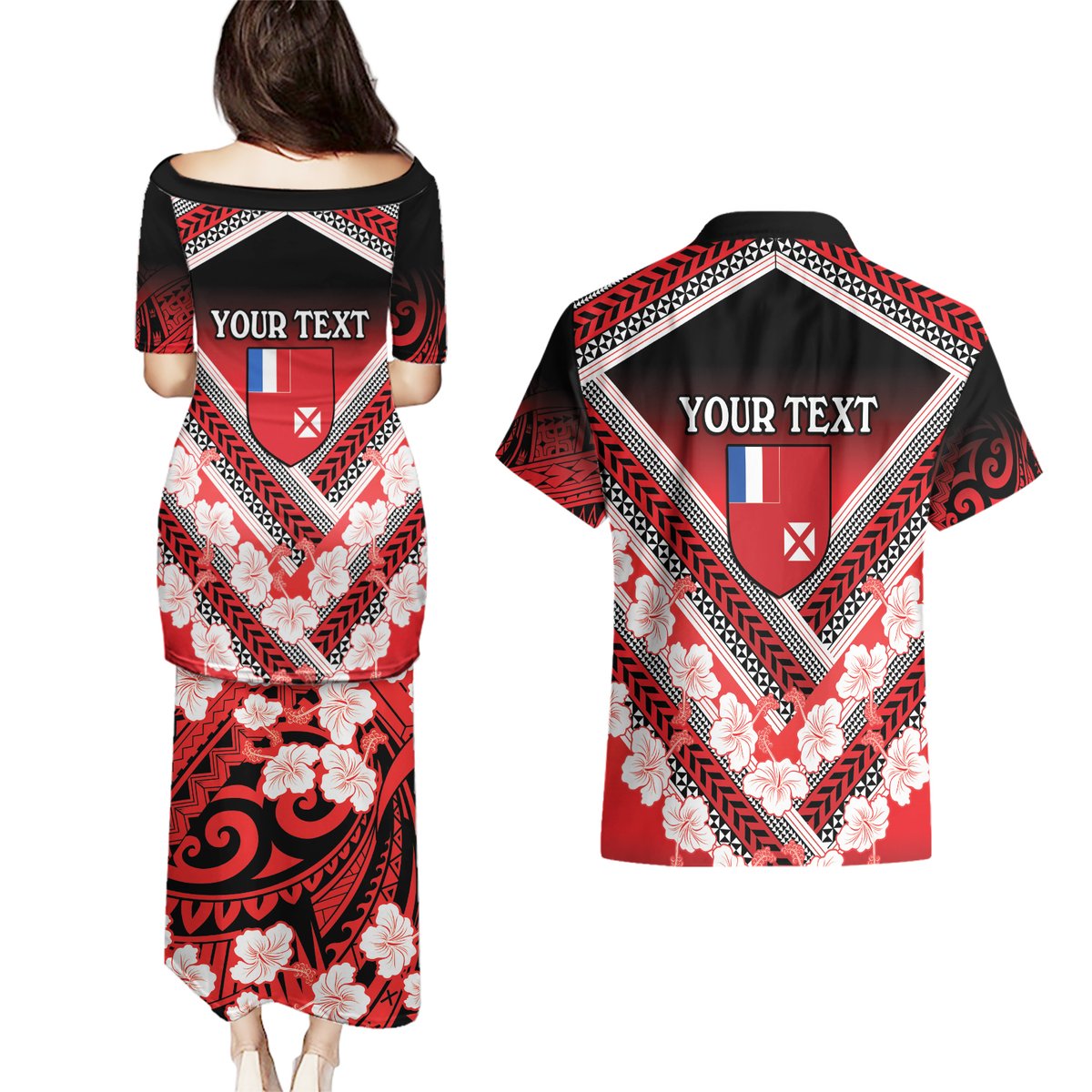 Personalised Wallis et Futuna Couples Matching Puletasi and Hawaiian Shirt Hibiscus and Polynesian Tribal Tattoos