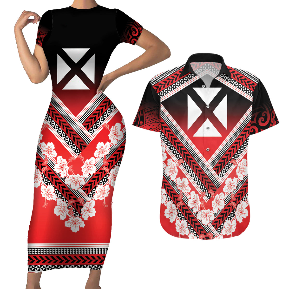 Personalised Wallis et Futuna Couples Matching Short Sleeve Bodycon Dress and Hawaiian Shirt Hibiscus and Polynesian Tribal Tattoos LT9 Red - Polynesian Pride