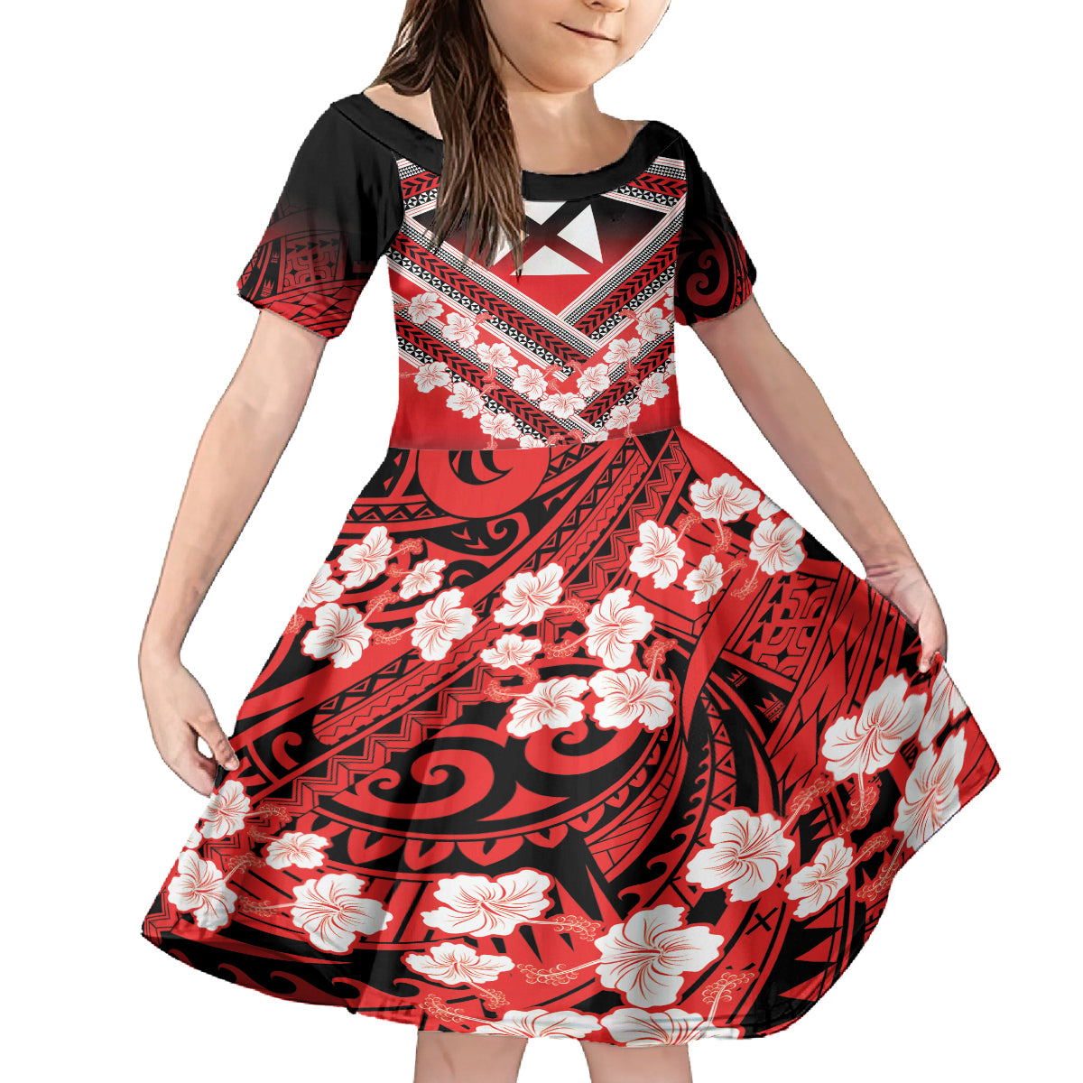 Personalised Wallis et Futuna Family Matching Long Sleeve Bodycon Dress and Hawaiian Shirt Hibiscus and Polynesian Tribal Tattoos LT9 Daughter's Dress Red - Polynesian Pride
