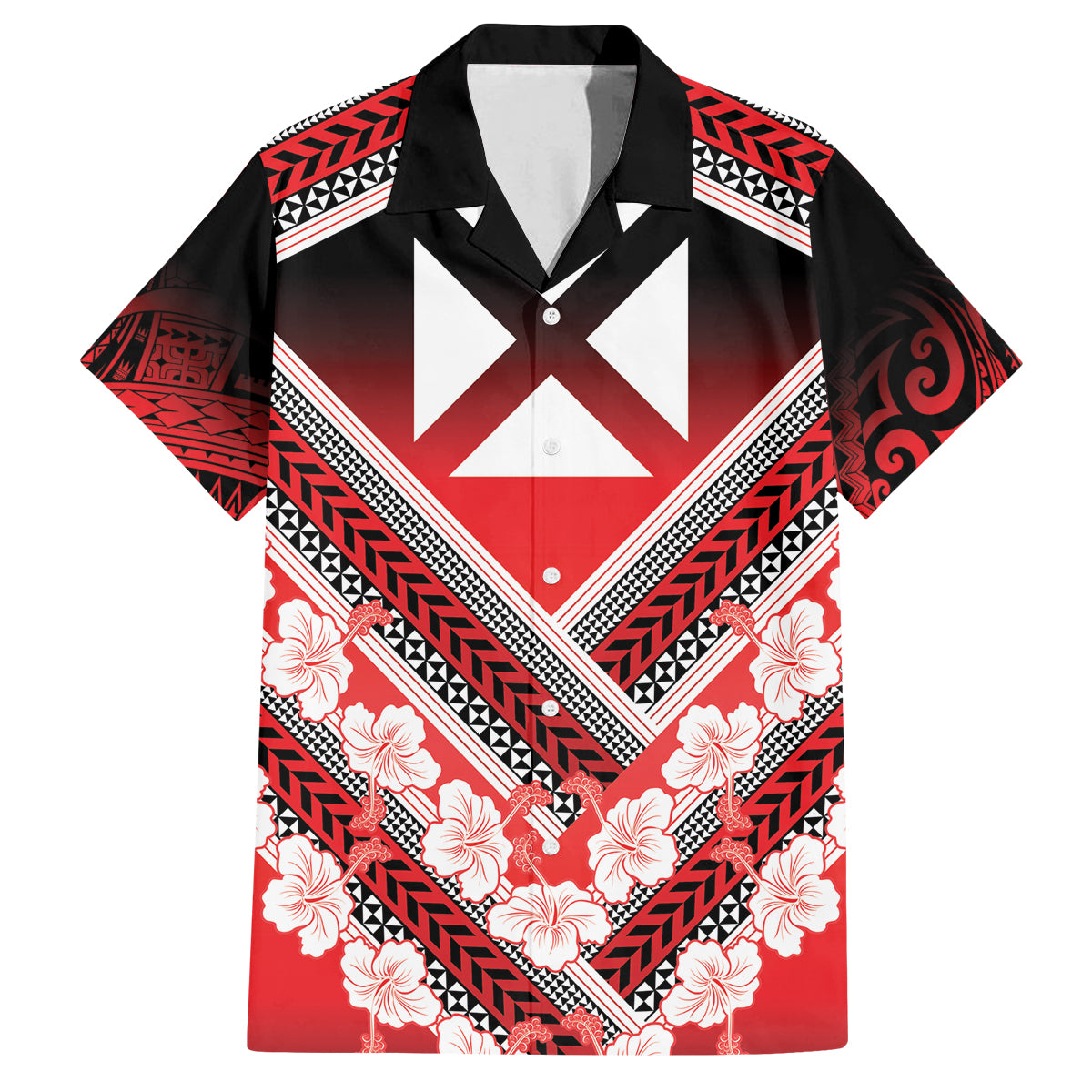 Personalised Wallis et Futuna Family Matching Long Sleeve Bodycon Dress and Hawaiian Shirt Hibiscus and Polynesian Tribal Tattoos LT9 Dad's Shirt - Short Sleeve Red - Polynesian Pride