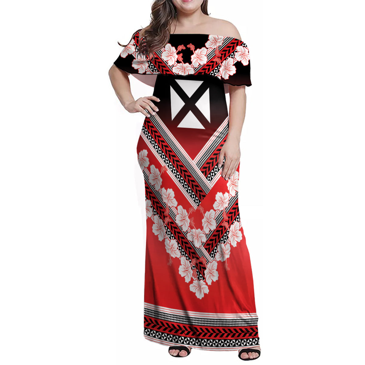 Personalised Wallis et Futuna Family Matching Off Shoulder Maxi Dress and Hawaiian Shirt Hibiscus and Polynesian Tribal Tattoos LT9 Mom's Dress Red - Polynesian Pride