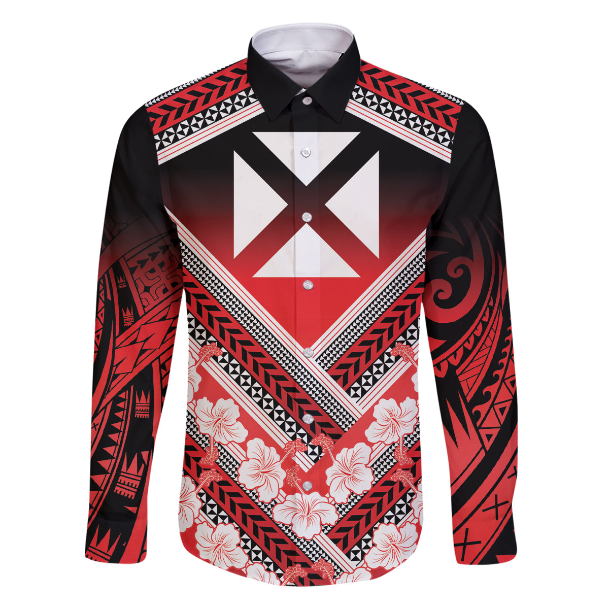 Personalised Wallis et Futuna Family Matching Summer Maxi Dress and Hawaiian Shirt Hibiscus and Polynesian Tribal Tattoos LT9 Dad's Shirt - Long Sleeve Red - Polynesian Pride