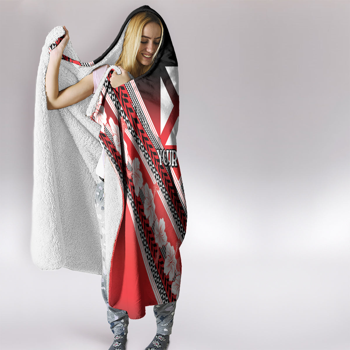 Personalised Wallis et Futuna Hooded Blanket Hibiscus and Polynesian Tribal Tattoos