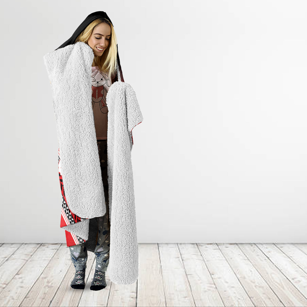 Personalised Wallis et Futuna Hooded Blanket Hibiscus and Polynesian Tribal Tattoos
