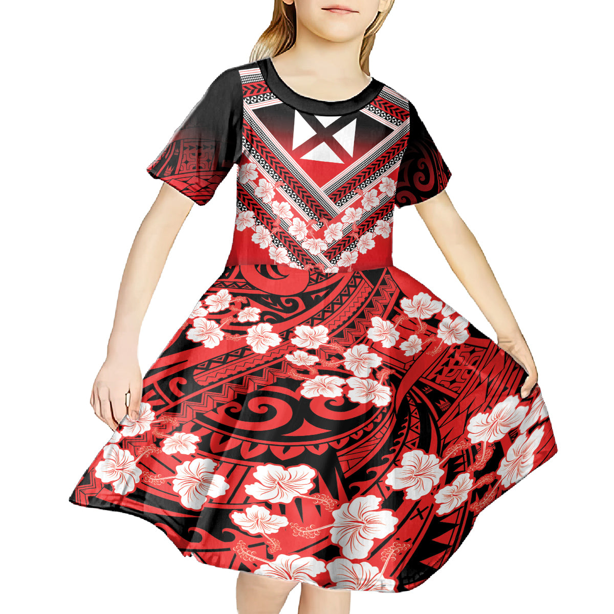 Personalised Wallis et Futuna Kid Short Sleeve Dress Hibiscus and Polynesian Tribal Tattoos