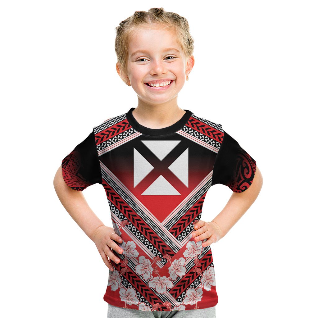 Personalised Wallis et Futuna Kid T Shirt Hibiscus and Polynesian Tribal Tattoos