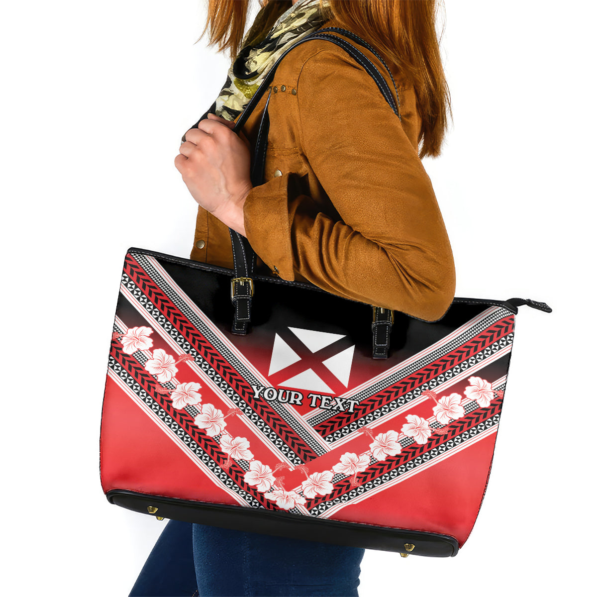 Personalised Wallis et Futuna Leather Tote Bag Hibiscus and Polynesian Tribal Tattoos