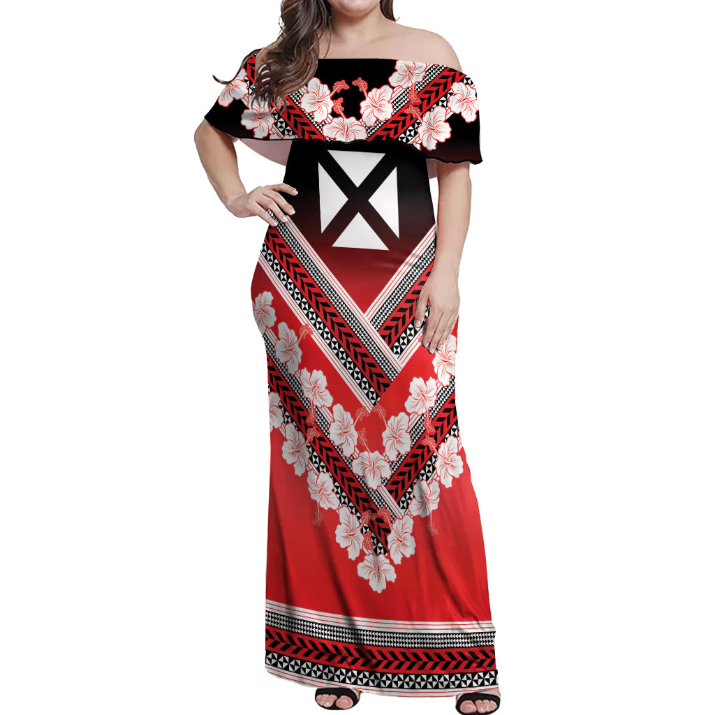 Personalised Wallis et Futuna Off Shoulder Maxi Dress Hibiscus and Polynesian Tribal Tattoos
