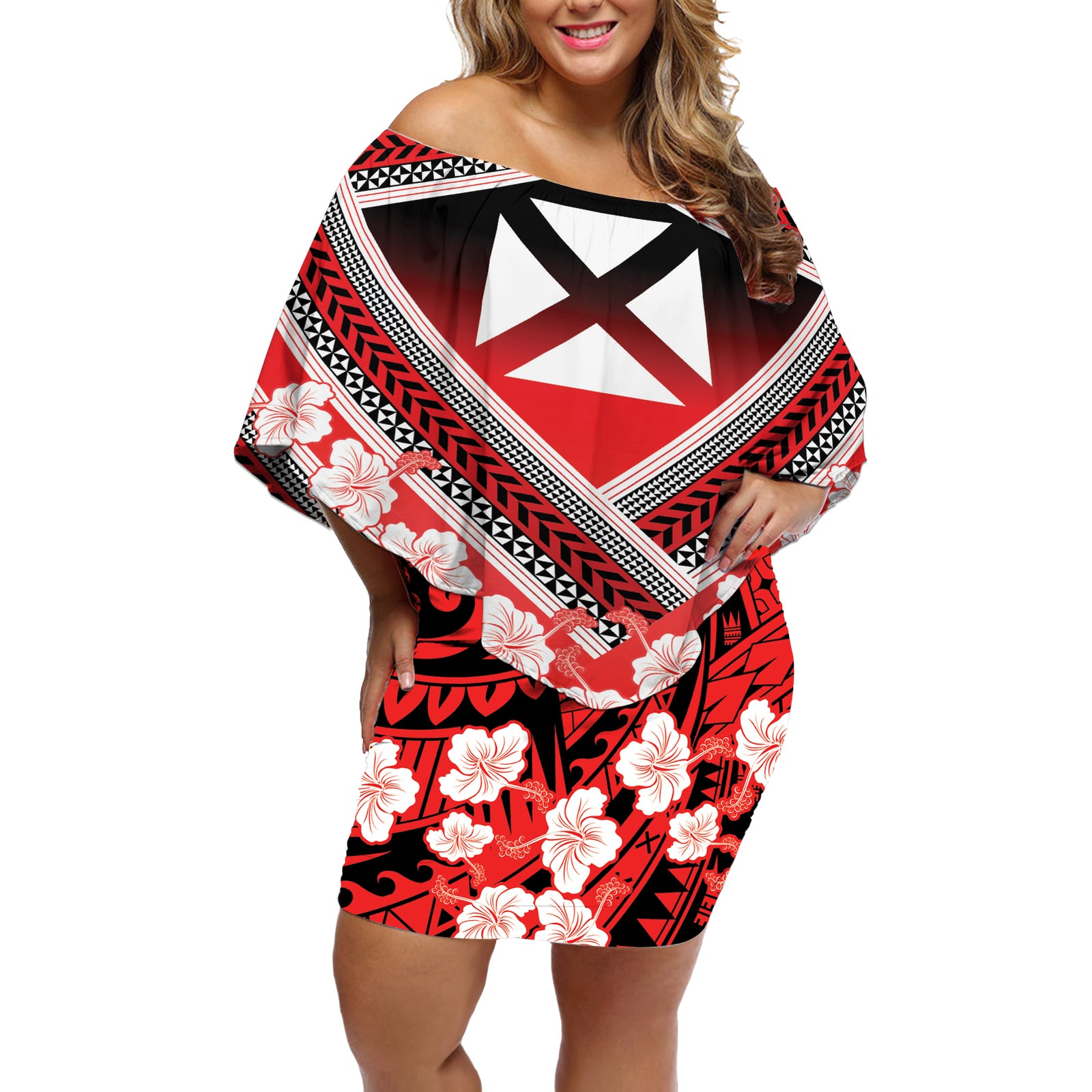 Personalised Wallis et Futuna Off Shoulder Short Dress Hibiscus and Polynesian Tribal Tattoos