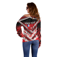 Personalised Wallis et Futuna Off Shoulder Sweater Hibiscus and Polynesian Tribal Tattoos