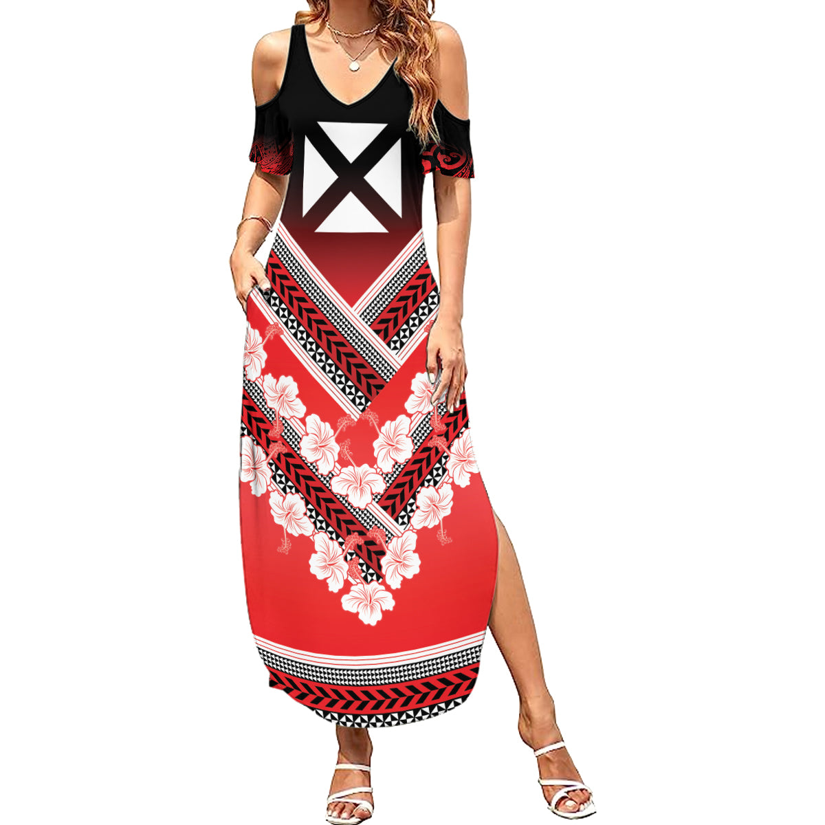 Personalised Wallis et Futuna Summer Maxi Dress Hibiscus and Polynesian Tribal Tattoos