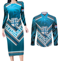Custom Fiji Rugby Couples Matching Long Sleeve Bodycon Dress and Long Sleeve Button Shirt Fijian Warrior With Polynesian Tribal Tattoos LT9 Blue - Polynesian Pride