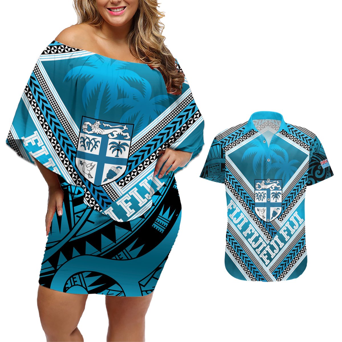 Custom Fiji Rugby Couples Matching Off Shoulder Short Dress and Hawaiian Shirt Fijian Warrior With Polynesian Tribal Tattoos LT9 Blue - Polynesian Pride