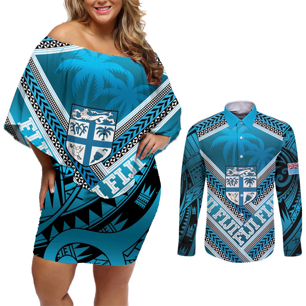 Custom Fiji Rugby Couples Matching Off Shoulder Short Dress and Long Sleeve Button Shirt Fijian Warrior With Polynesian Tribal Tattoos LT9 Blue - Polynesian Pride