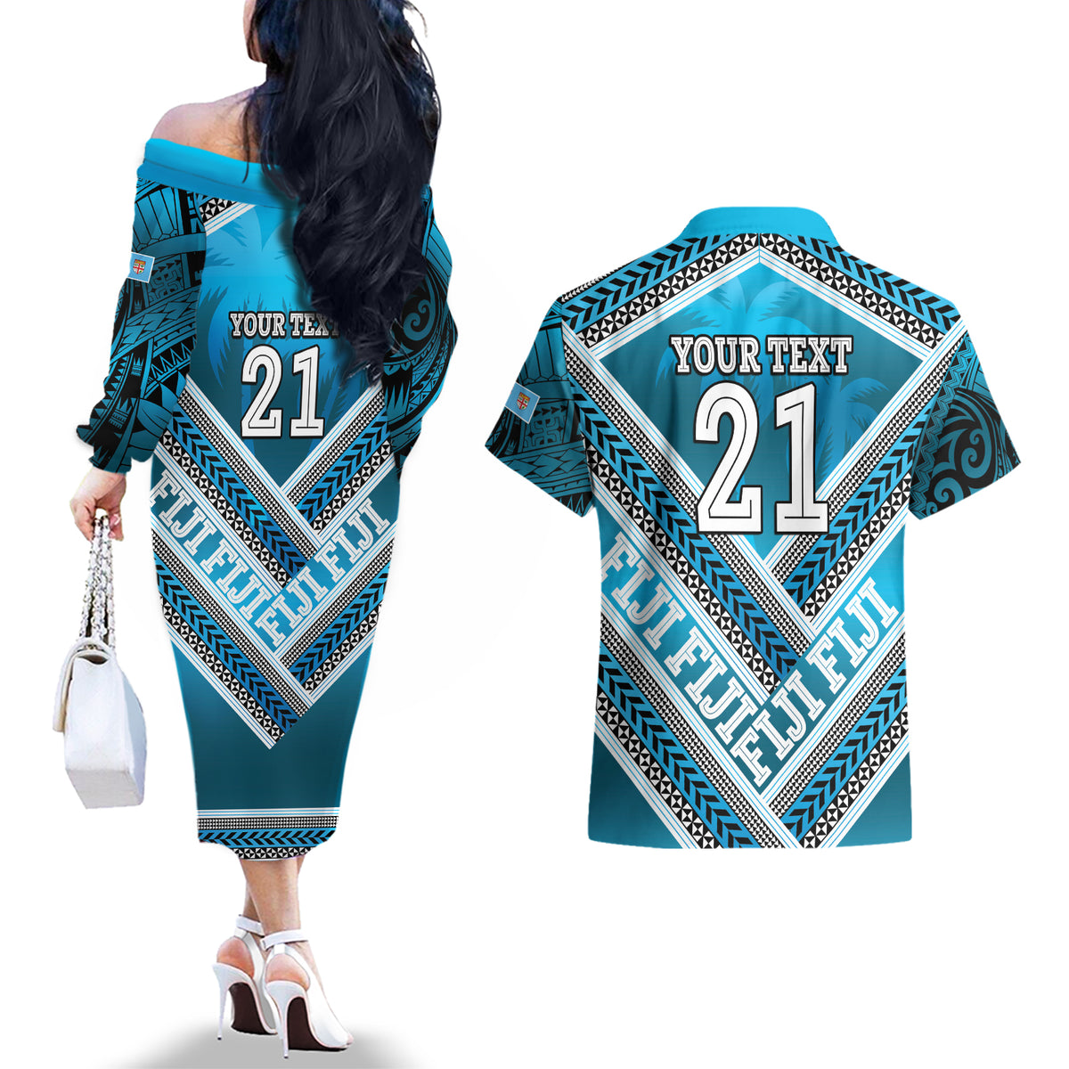 Custom Fiji Rugby Couples Matching Off The Shoulder Long Sleeve Dress and Hawaiian Shirt Fijian Warrior With Polynesian Tribal Tattoos