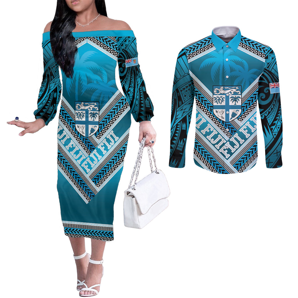 Custom Fiji Rugby Couples Matching Off The Shoulder Long Sleeve Dress and Long Sleeve Button Shirt Fijian Warrior With Polynesian Tribal Tattoos