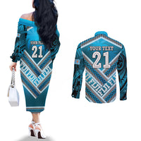 Custom Fiji Rugby Couples Matching Off The Shoulder Long Sleeve Dress and Long Sleeve Button Shirt Fijian Warrior With Polynesian Tribal Tattoos LT9 - Polynesian Pride