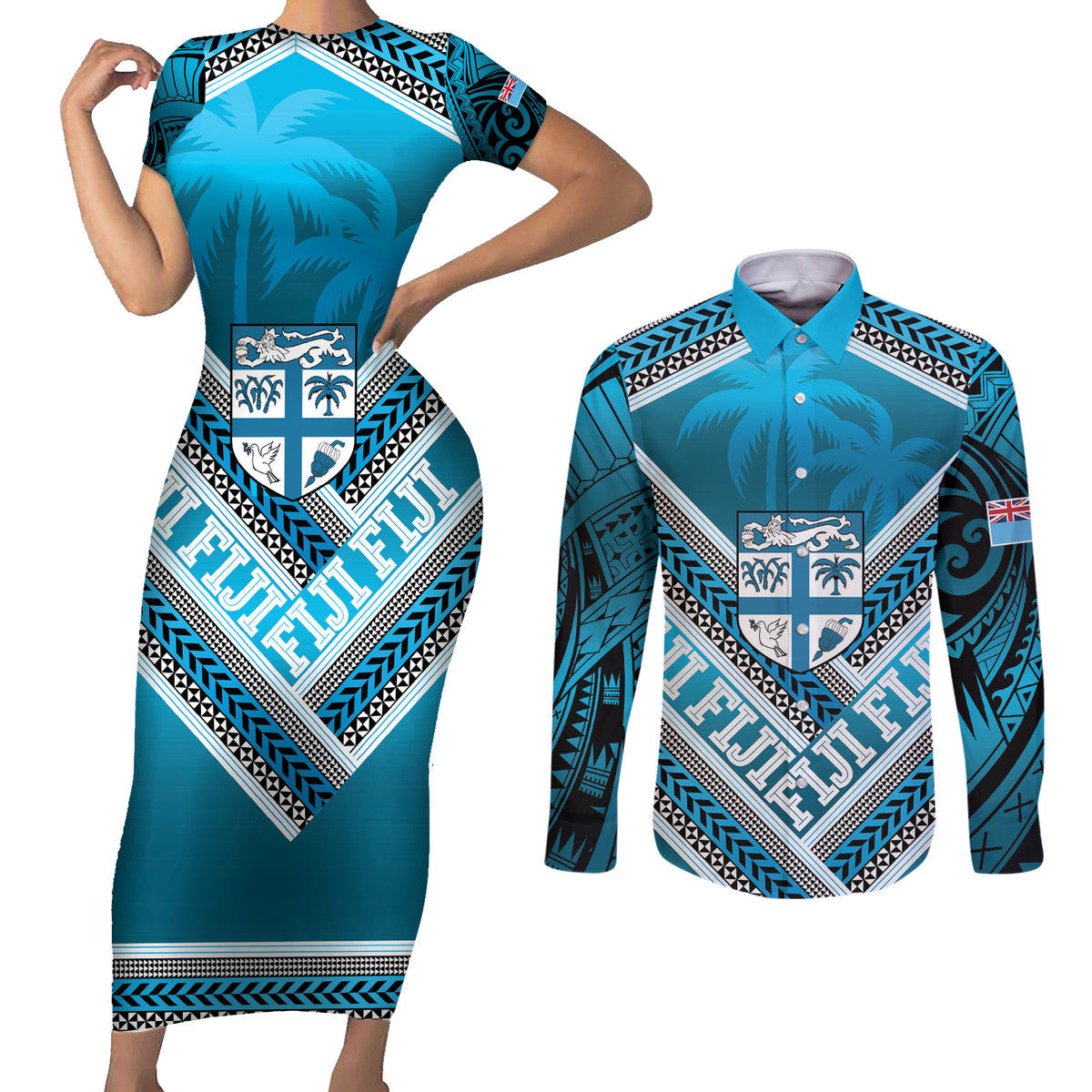 Custom Fiji Rugby Couples Matching Short Sleeve Bodycon Dress and Long Sleeve Button Shirt Fijian Warrior With Polynesian Tribal Tattoos LT9 Blue - Polynesian Pride