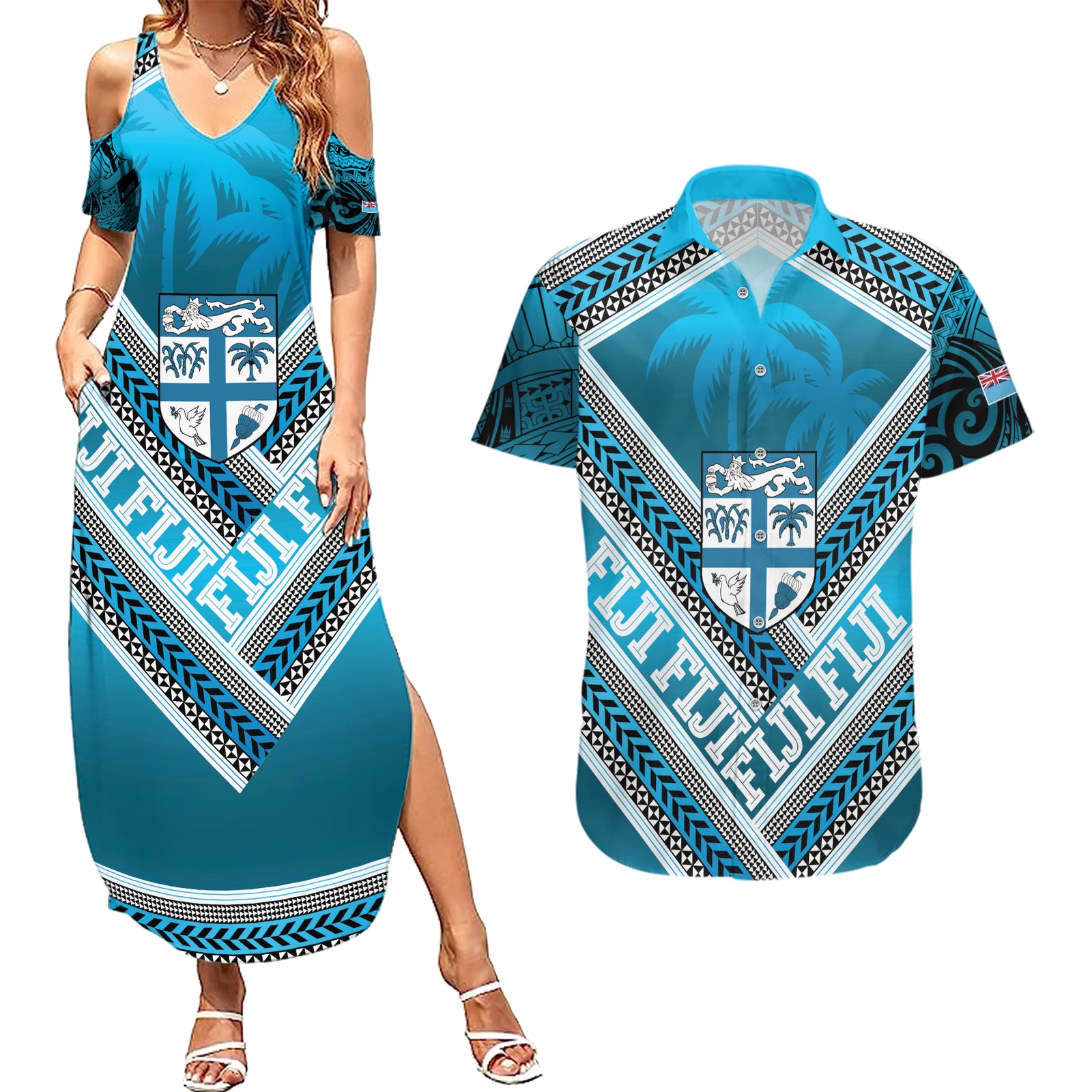 Custom Fiji Rugby Couples Matching Summer Maxi Dress and Hawaiian Shirt Fijian Warrior With Polynesian Tribal Tattoos