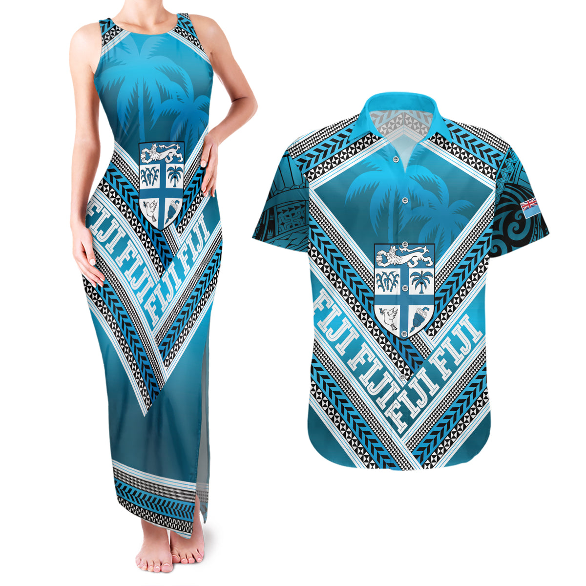 Custom Fiji Rugby Couples Matching Tank Maxi Dress and Hawaiian Shirt Fijian Warrior With Polynesian Tribal Tattoos LT9 Blue - Polynesian Pride
