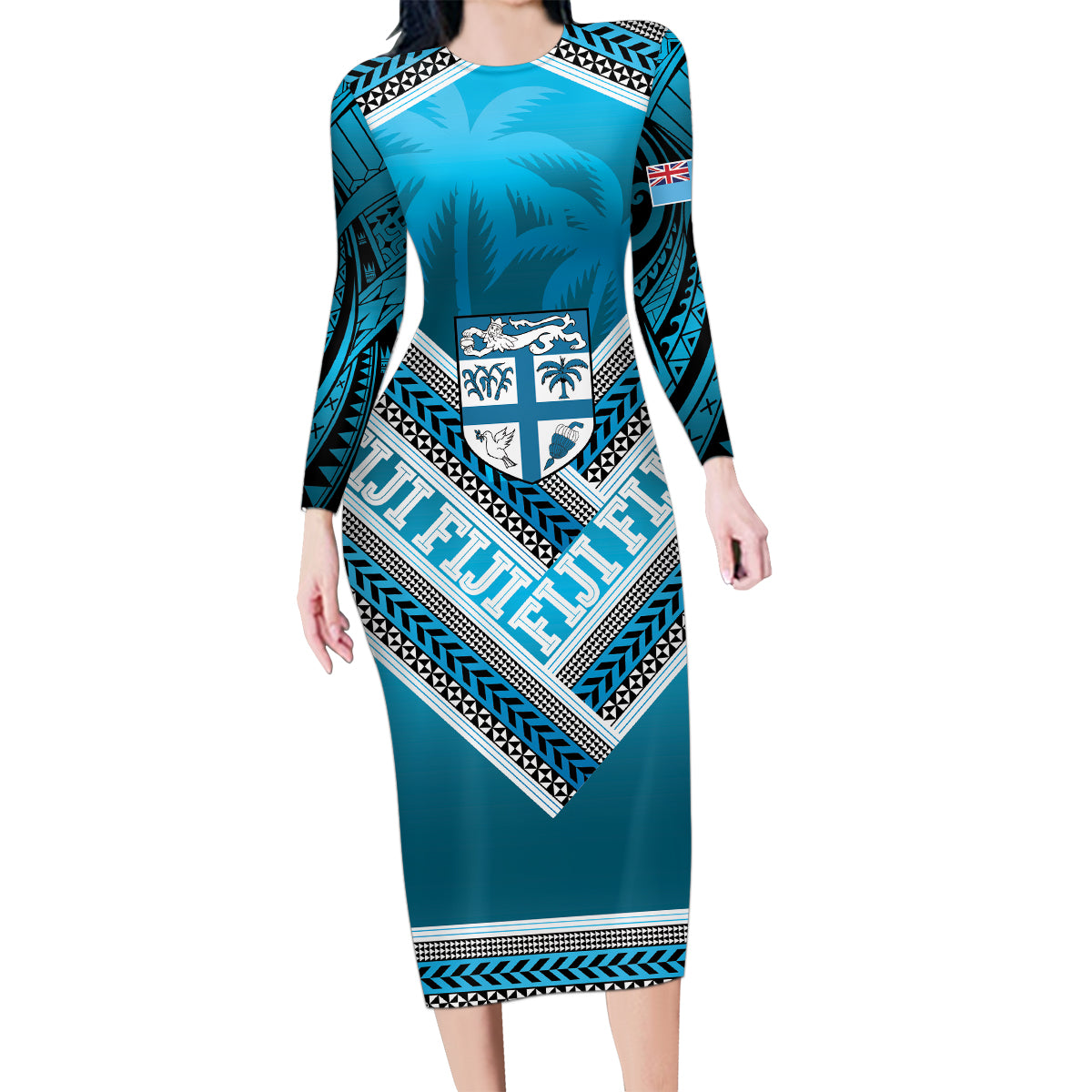 Custom Fiji Rugby Family Matching Long Sleeve Bodycon Dress and Hawaiian Shirt Fijian Warrior With Polynesian Tribal Tattoos LT9 Mom's Dress Blue - Polynesian Pride