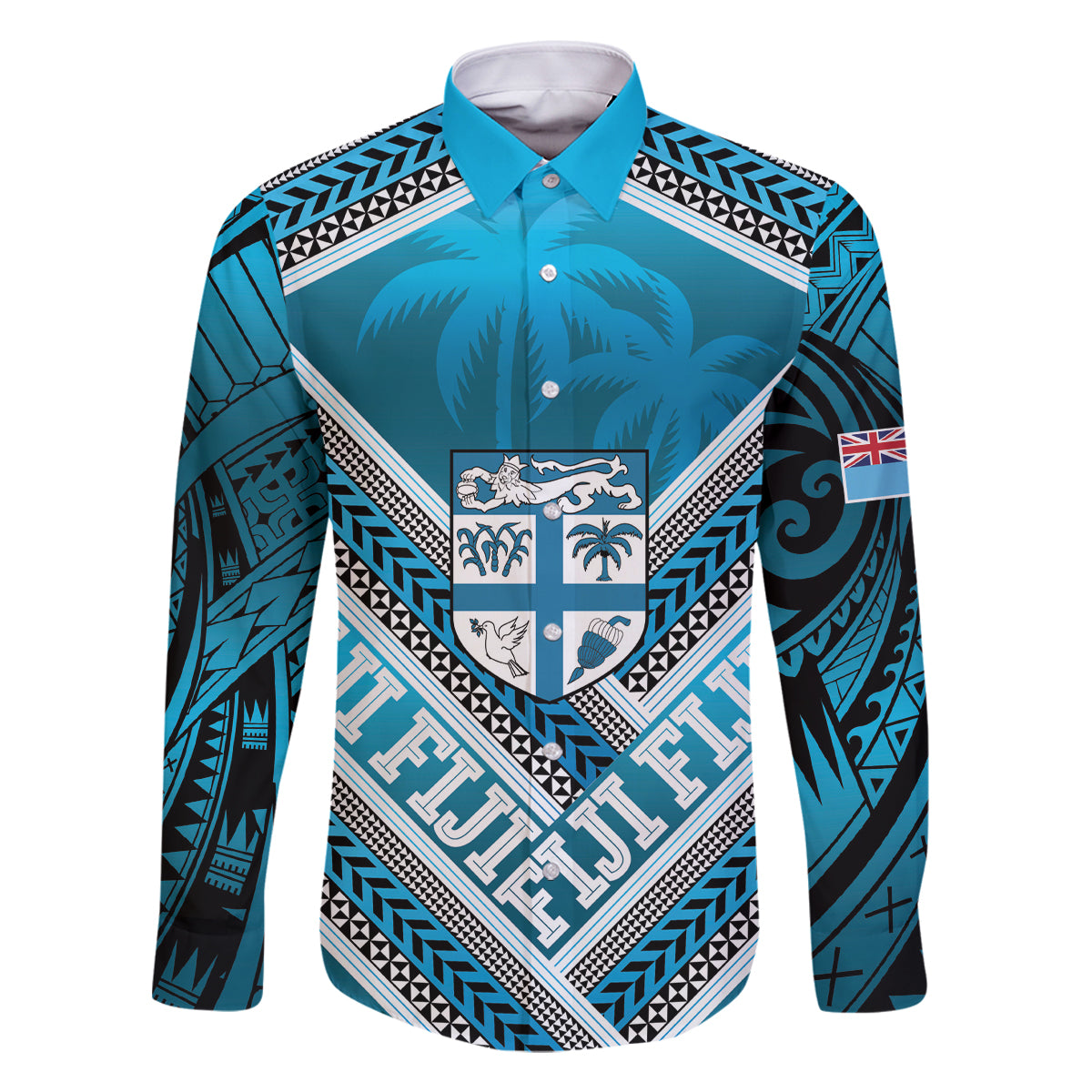 Custom Fiji Rugby Family Matching Mermaid Dress and Hawaiian Shirt Fijian Warrior With Polynesian Tribal Tattoos LT9 Dad's Shirt - Long Sleeve Blue - Polynesian Pride