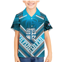 Custom Fiji Rugby Family Matching Mermaid Dress and Hawaiian Shirt Fijian Warrior With Polynesian Tribal Tattoos LT9 Son's Shirt Blue - Polynesian Pride