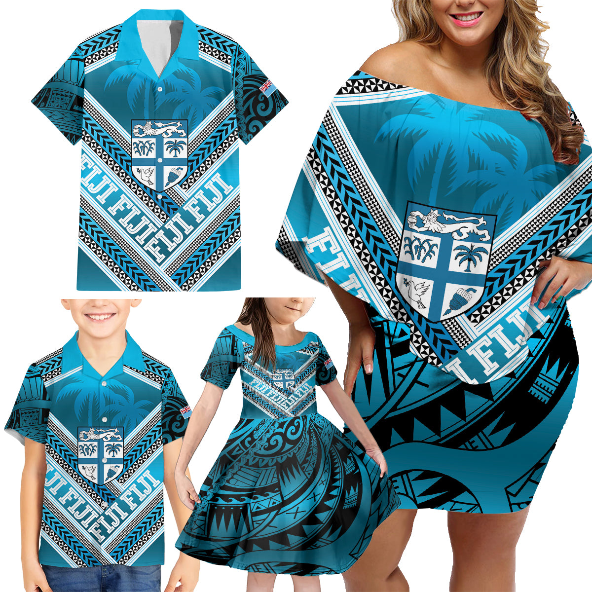 Custom Fiji Rugby Family Matching Off Shoulder Short Dress and Hawaiian Shirt Fijian Warrior With Polynesian Tribal Tattoos LT9 - Polynesian Pride