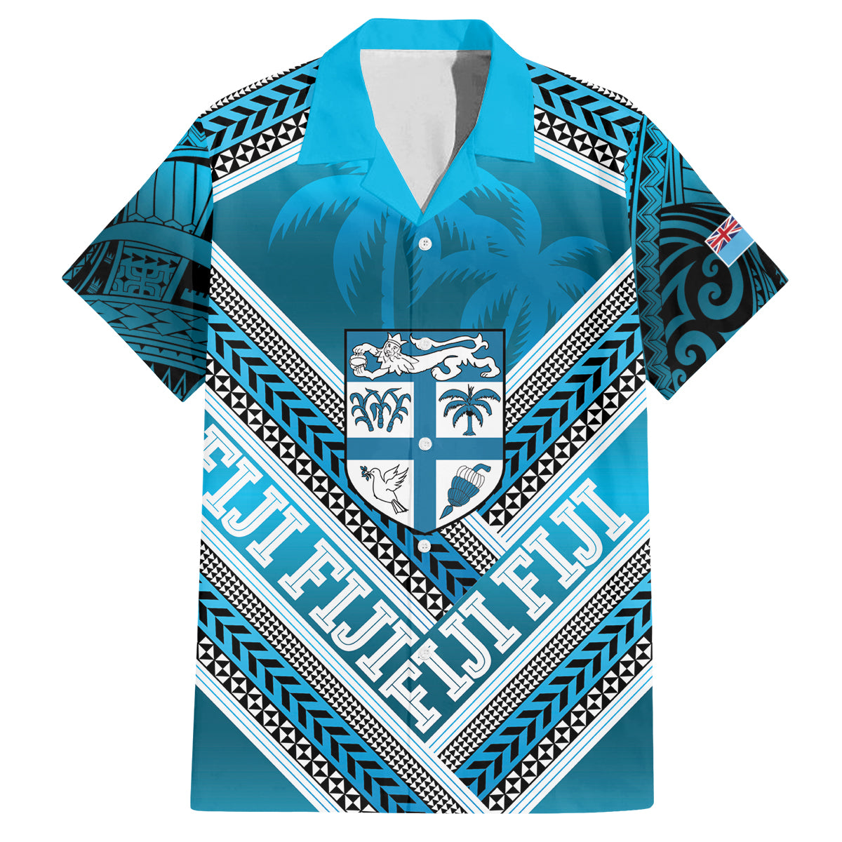 Custom Fiji Rugby Family Matching Off Shoulder Short Dress and Hawaiian Shirt Fijian Warrior With Polynesian Tribal Tattoos LT9 Dad's Shirt - Short Sleeve Blue - Polynesian Pride