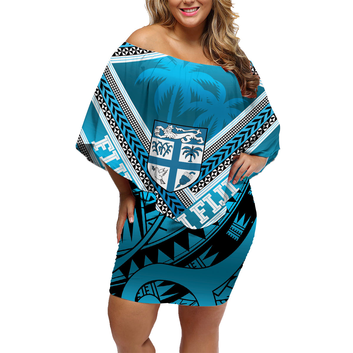 Custom Fiji Rugby Family Matching Off Shoulder Short Dress and Hawaiian Shirt Fijian Warrior With Polynesian Tribal Tattoos LT9 Mom's Dress Blue - Polynesian Pride