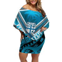 Custom Fiji Rugby Family Matching Off Shoulder Short Dress and Hawaiian Shirt Fijian Warrior With Polynesian Tribal Tattoos LT9 Mom's Dress Blue - Polynesian Pride