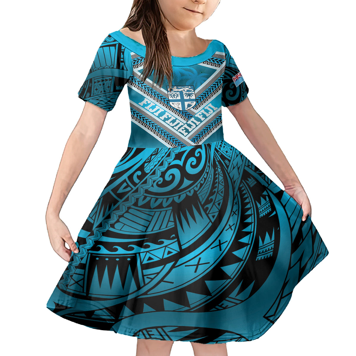 Custom Fiji Rugby Family Matching Puletasi and Hawaiian Shirt Fijian Warrior With Polynesian Tribal Tattoos LT9 Daughter's Dress Blue - Polynesian Pride