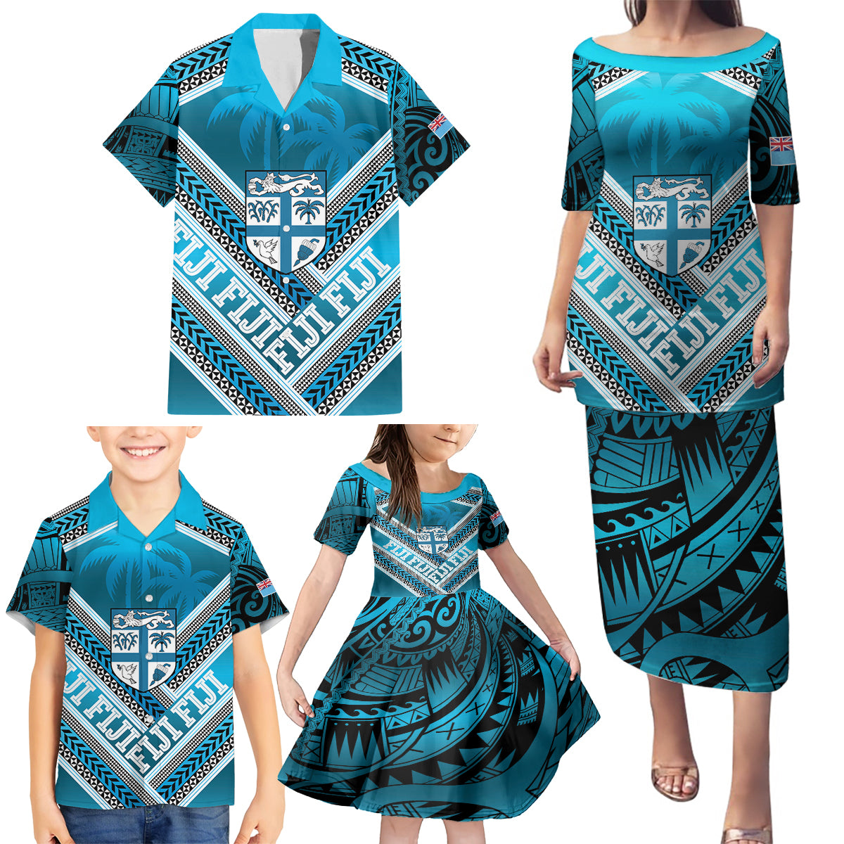 Custom Fiji Rugby Family Matching Puletasi and Hawaiian Shirt Fijian Warrior With Polynesian Tribal Tattoos LT9 - Polynesian Pride
