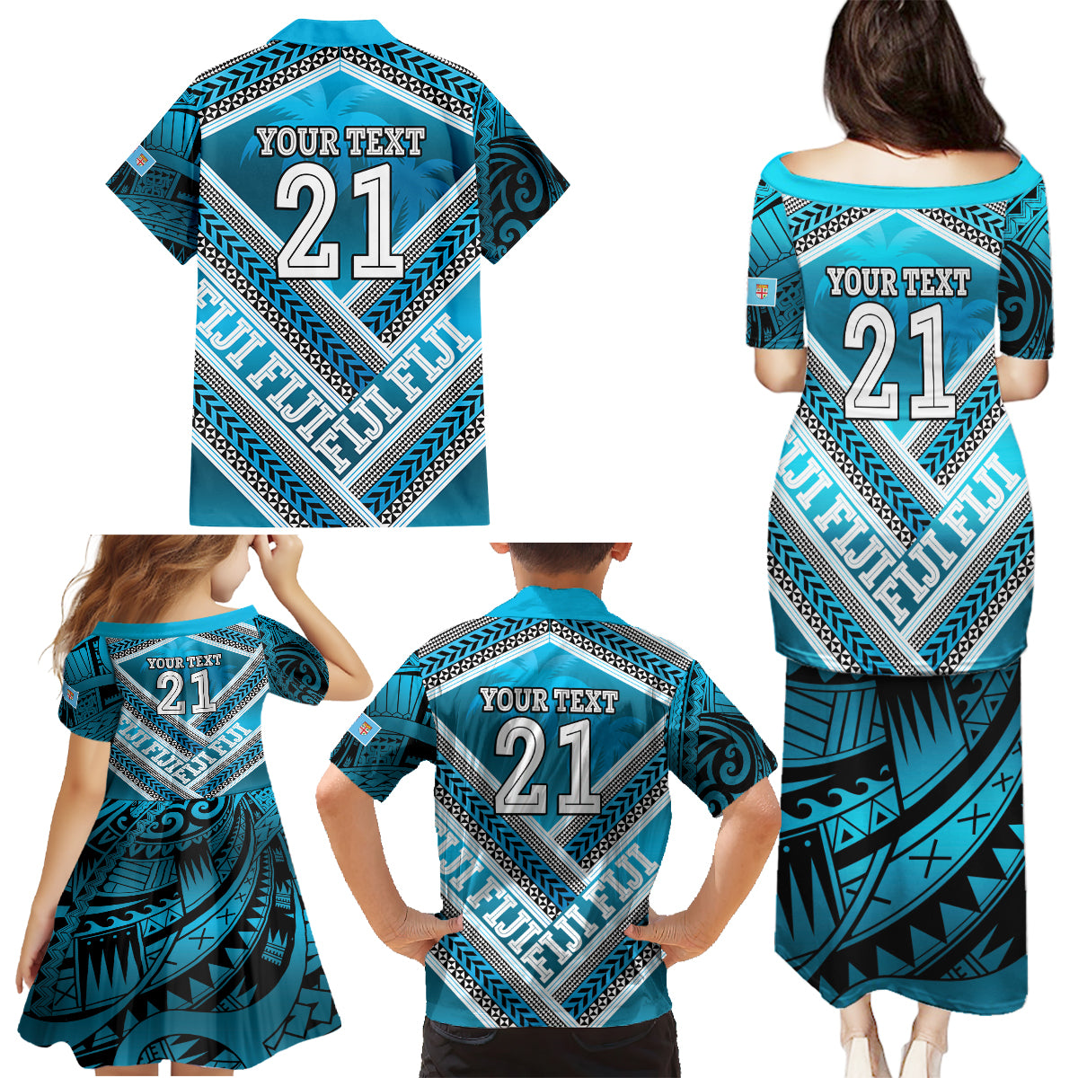 Custom Fiji Rugby Family Matching Puletasi and Hawaiian Shirt Fijian Warrior With Polynesian Tribal Tattoos LT9 - Polynesian Pride
