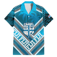 Custom Fiji Rugby Family Matching Puletasi and Hawaiian Shirt Fijian Warrior With Polynesian Tribal Tattoos LT9 Dad's Shirt - Short Sleeve Blue - Polynesian Pride