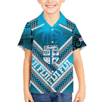 Custom Fiji Rugby Family Matching Puletasi and Hawaiian Shirt Fijian Warrior With Polynesian Tribal Tattoos LT9 Son's Shirt Blue - Polynesian Pride