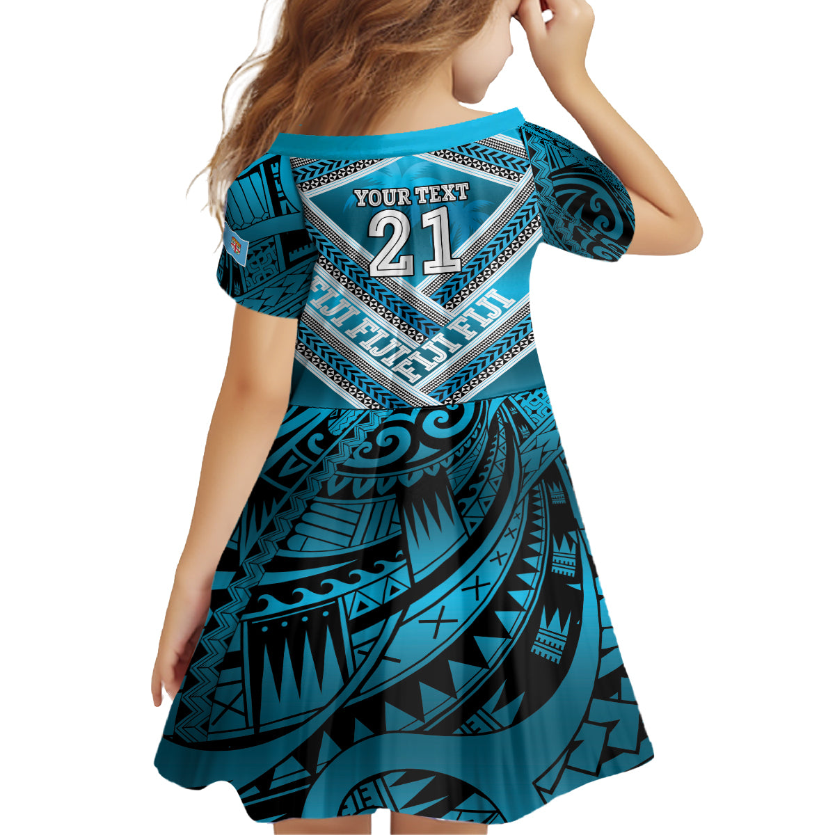 Custom Fiji Rugby Kid Short Sleeve Dress Fijian Warrior With Polynesian Tribal Tattoos