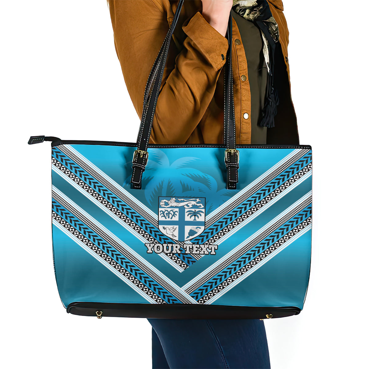 Custom Fiji Rugby Leather Tote Bag Fijian Warrior With Polynesian Tribal Tattoos