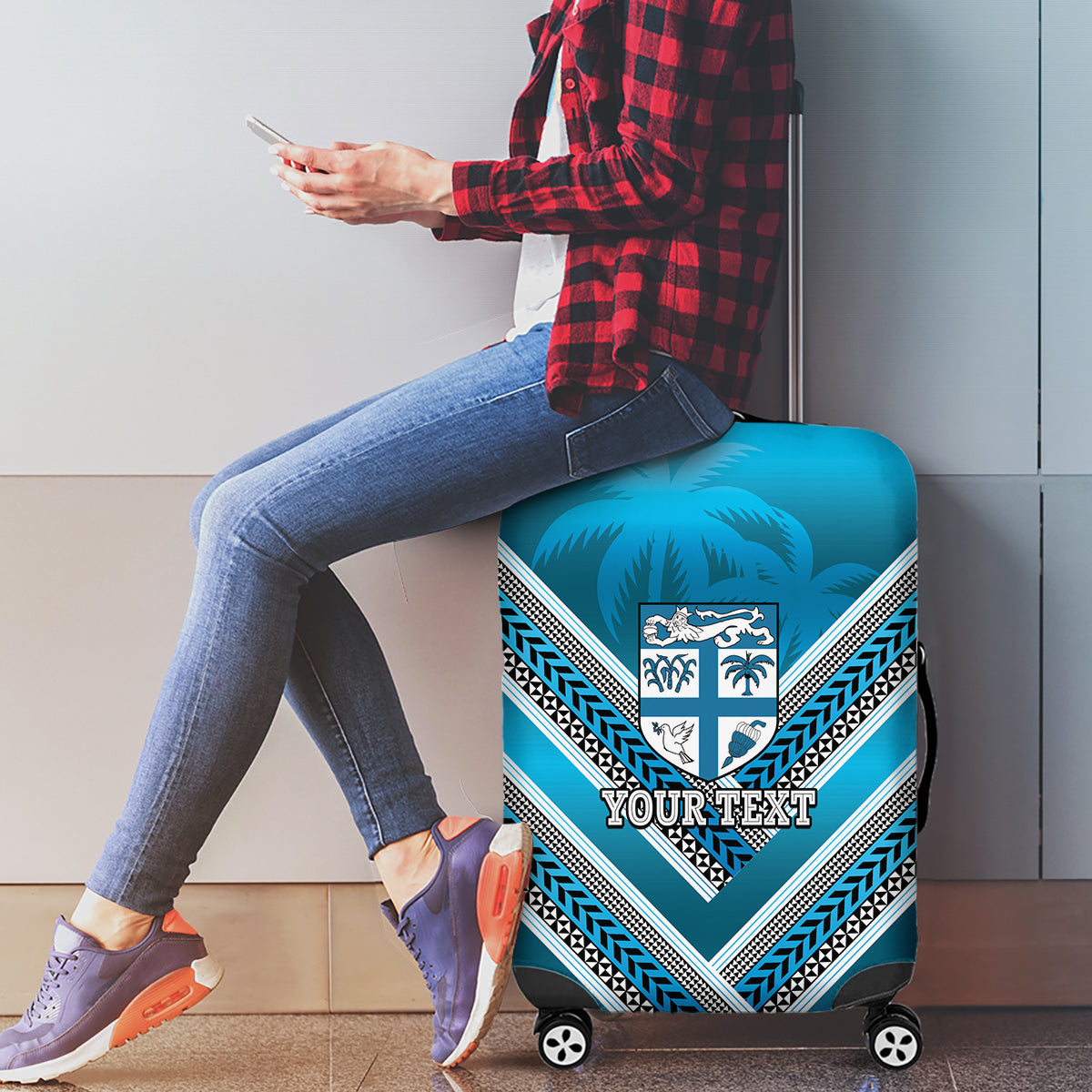 Custom Fiji Rugby Luggage Cover Fijian Warrior With Polynesian Tribal Tattoos