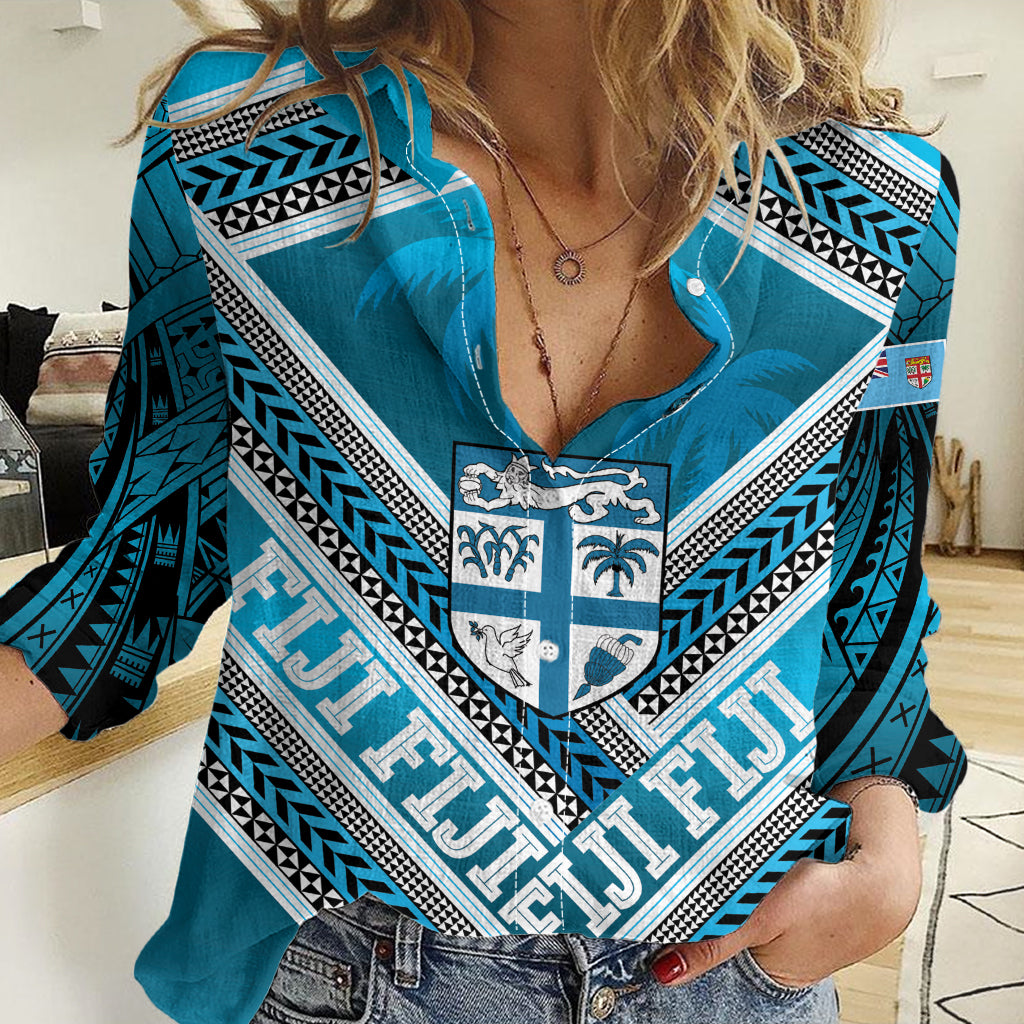 Custom Fiji Rugby Women Casual Shirt Fijian Warrior With Polynesian Tribal Tattoos LT9 Female Blue - Polynesian Pride