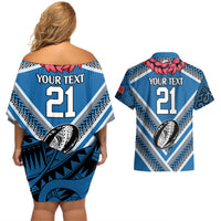 Custom Manuma Samoa Rugby Couples Matching Off Shoulder Short Dress and Hawaiian Shirt Ula fala Samoan Siva Tau Tribal