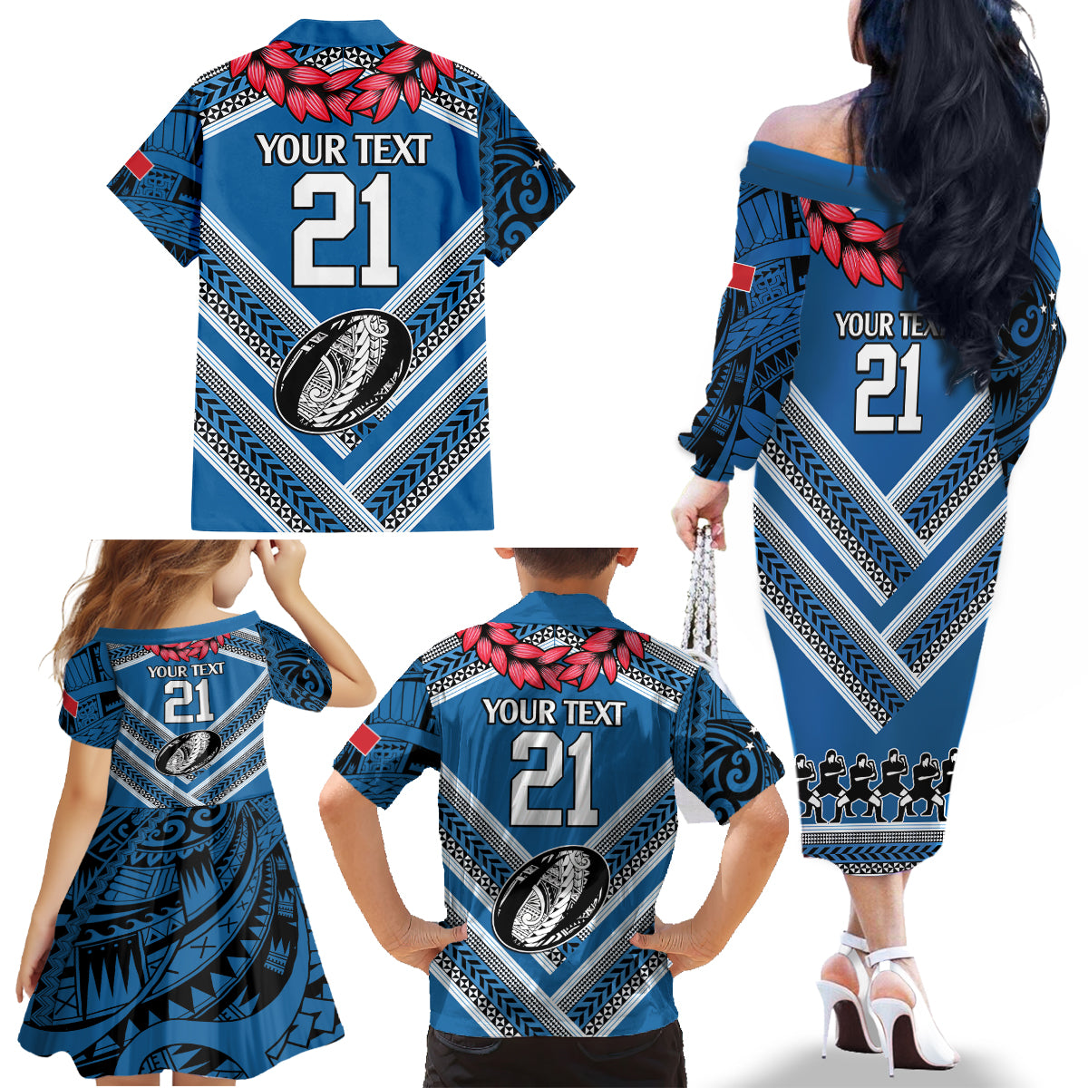 Custom Manuma Samoa Rugby Family Matching Off The Shoulder Long Sleeve Dress and Hawaiian Shirt Ula fala Samoan Siva Tau Tribal