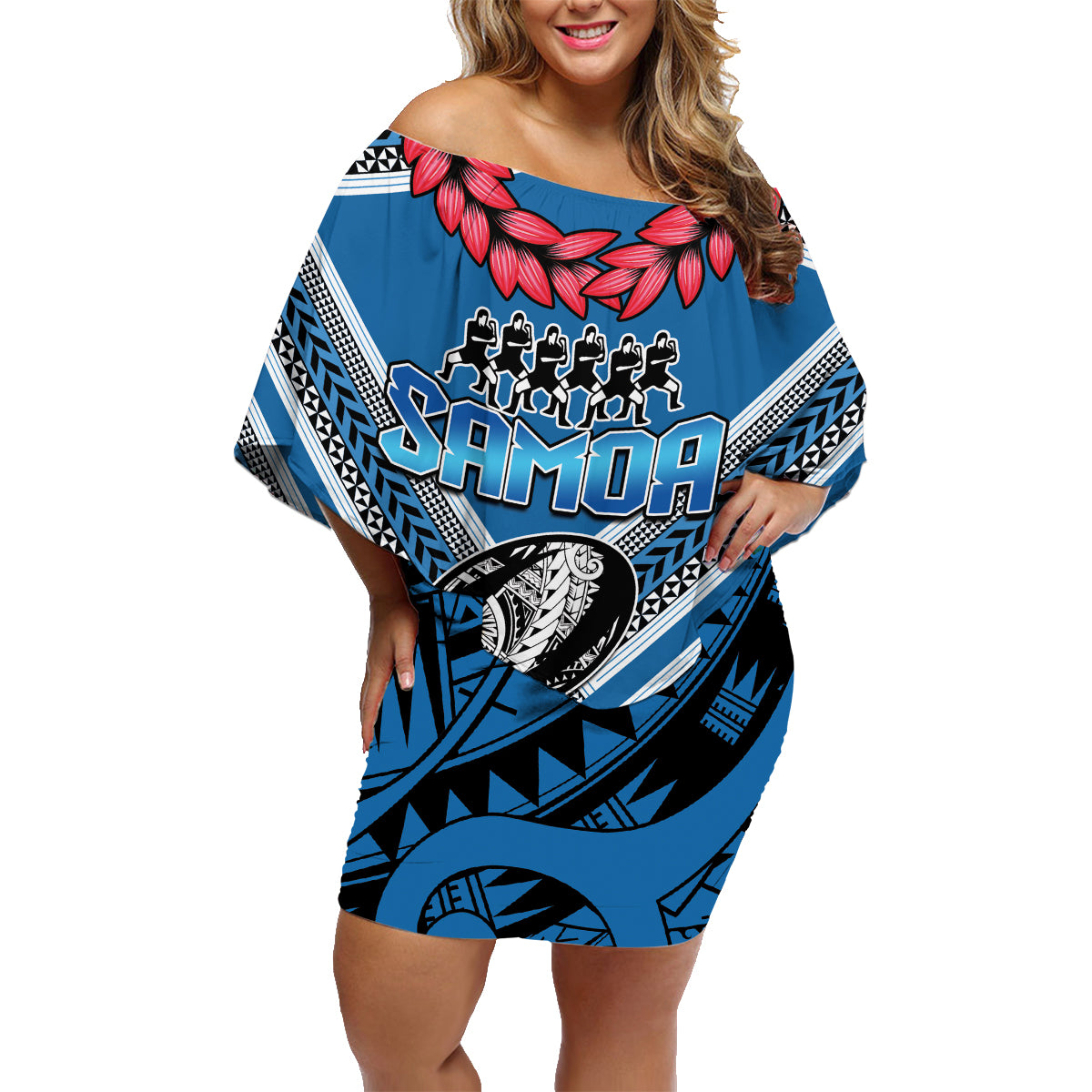 Custom Manuma Samoa Rugby Family Matching Off Shoulder Short Dress and Hawaiian Shirt Ula fala Samoan Siva Tau Tribal