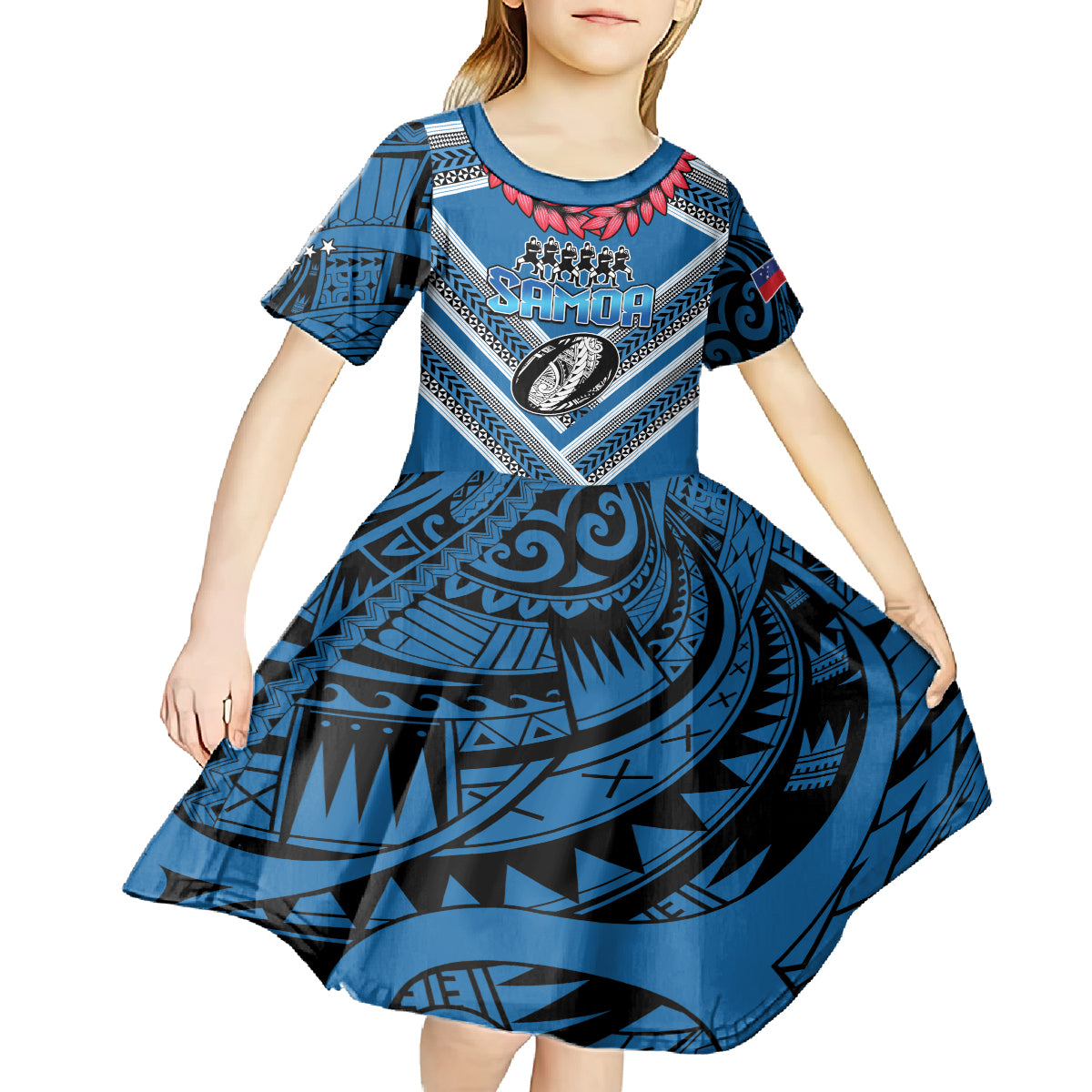 Custom Manuma Samoa Rugby Kid Short Sleeve Dress Ula fala Samoan Siva Tau Tribal