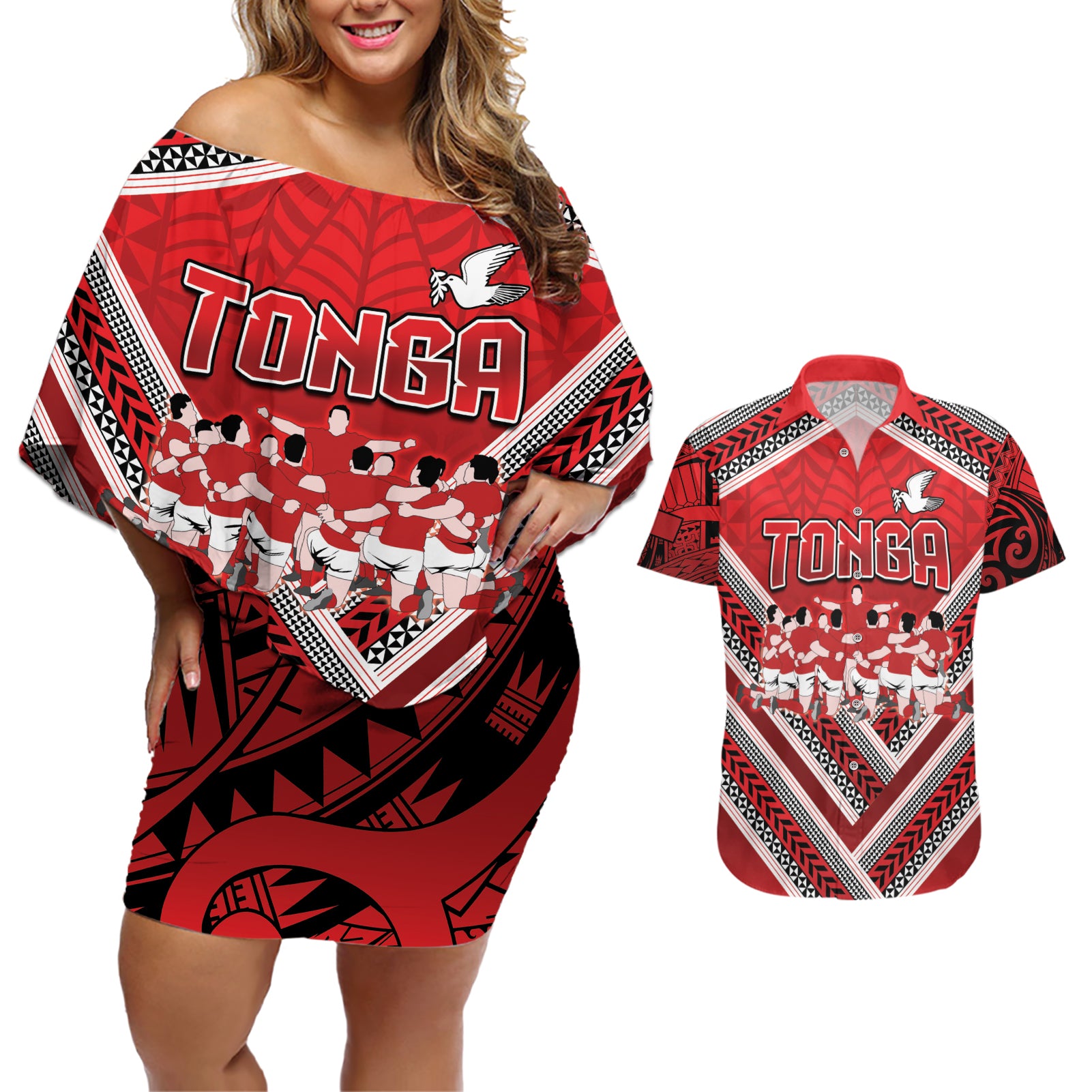 Custom Tonga Rugby Couples Matching Off Shoulder Short Dress and Hawaiian Shirt Tonga Sipi Tau Ngatu Tribal Pattern