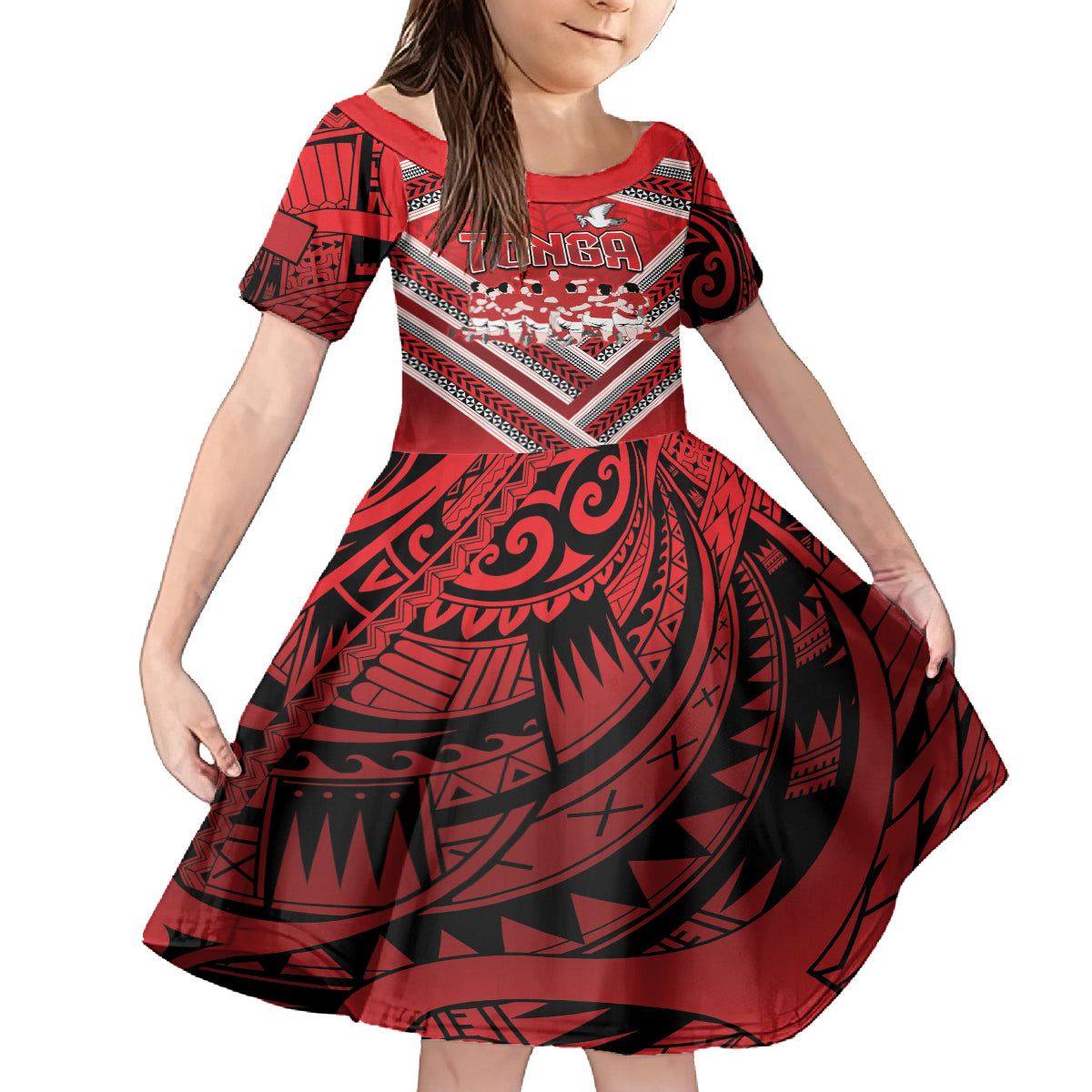 Custom Tonga Rugby Family Matching Long Sleeve Bodycon Dress and Hawaiian Shirt Tonga Sipi Tau Ngatu Tribal Pattern LT9 Daughter's Dress Red - Polynesian Pride