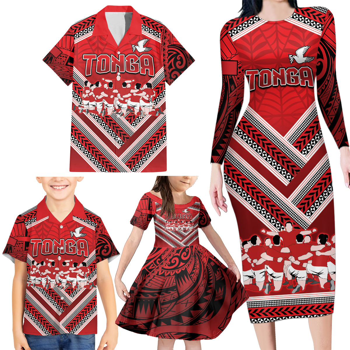 Custom Tonga Rugby Family Matching Long Sleeve Bodycon Dress and Hawaiian Shirt Tonga Sipi Tau Ngatu Tribal Pattern LT9 - Polynesian Pride