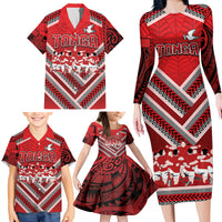Custom Tonga Rugby Family Matching Long Sleeve Bodycon Dress and Hawaiian Shirt Tonga Sipi Tau Ngatu Tribal Pattern LT9 - Polynesian Pride