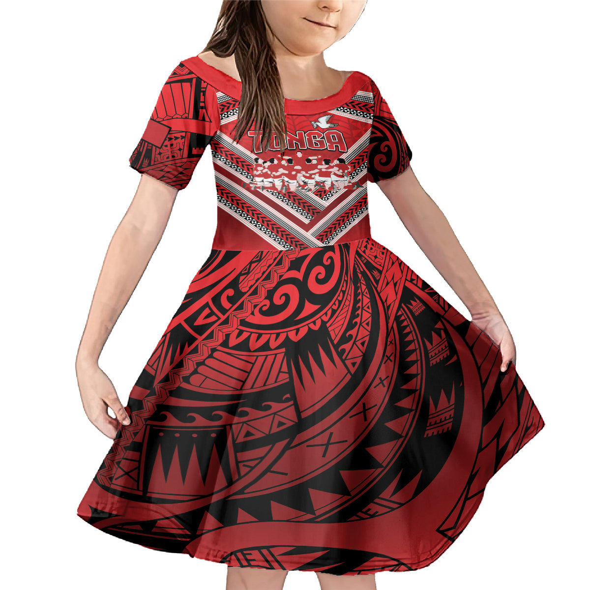 Custom Tonga Rugby Family Matching Mermaid Dress and Hawaiian Shirt Tonga Sipi Tau Ngatu Tribal Pattern LT9 Daughter's Dress Red - Polynesian Pride