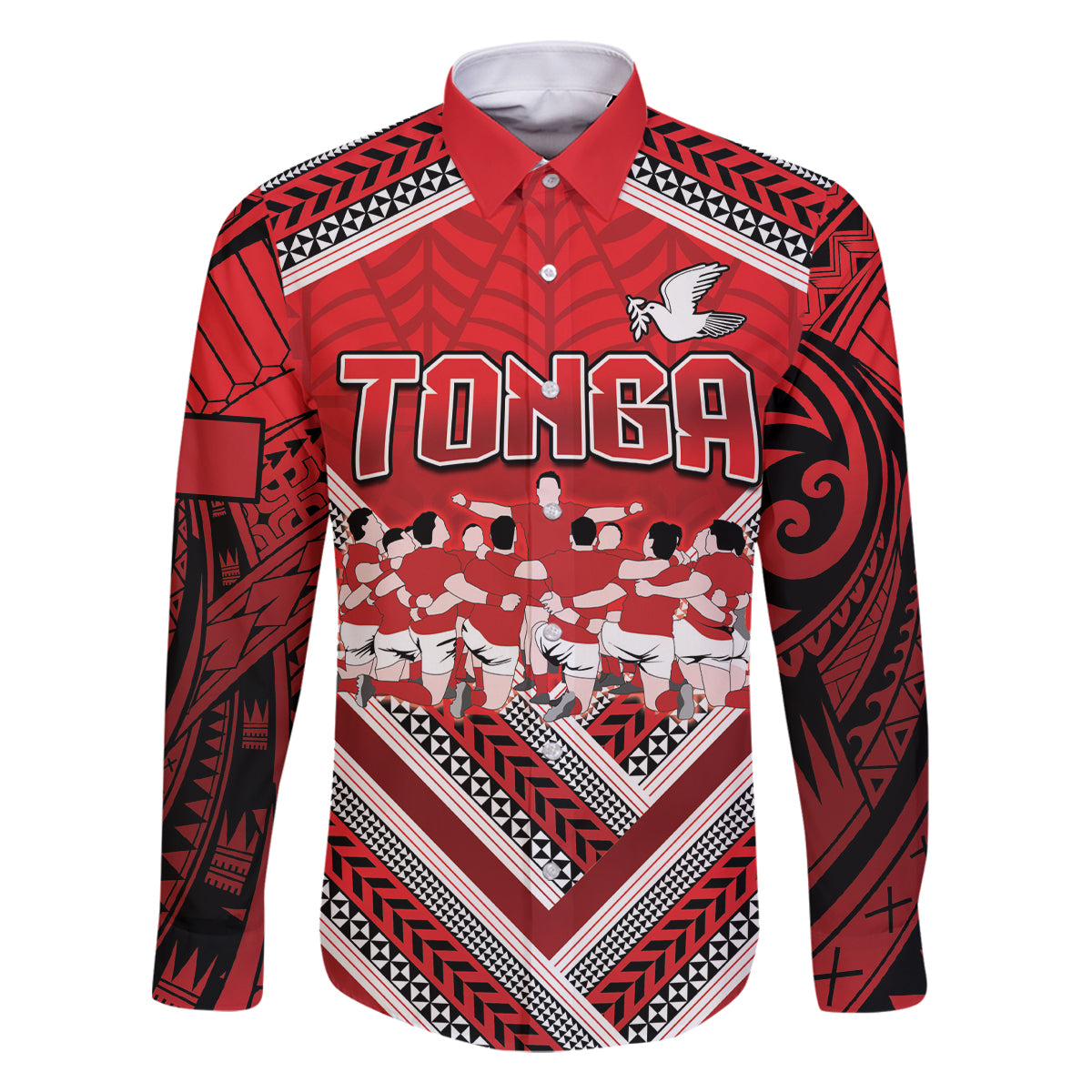 Custom Tonga Rugby Family Matching Mermaid Dress and Hawaiian Shirt Tonga Sipi Tau Ngatu Tribal Pattern LT9 Dad's Shirt - Long Sleeve Red - Polynesian Pride